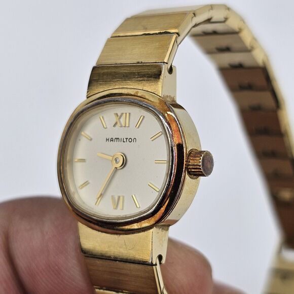Hamilton Women's Watch 19MM Cream Dial Gold Case Bracelet 5.5" Wrist New Battery - Picture 3 of 11